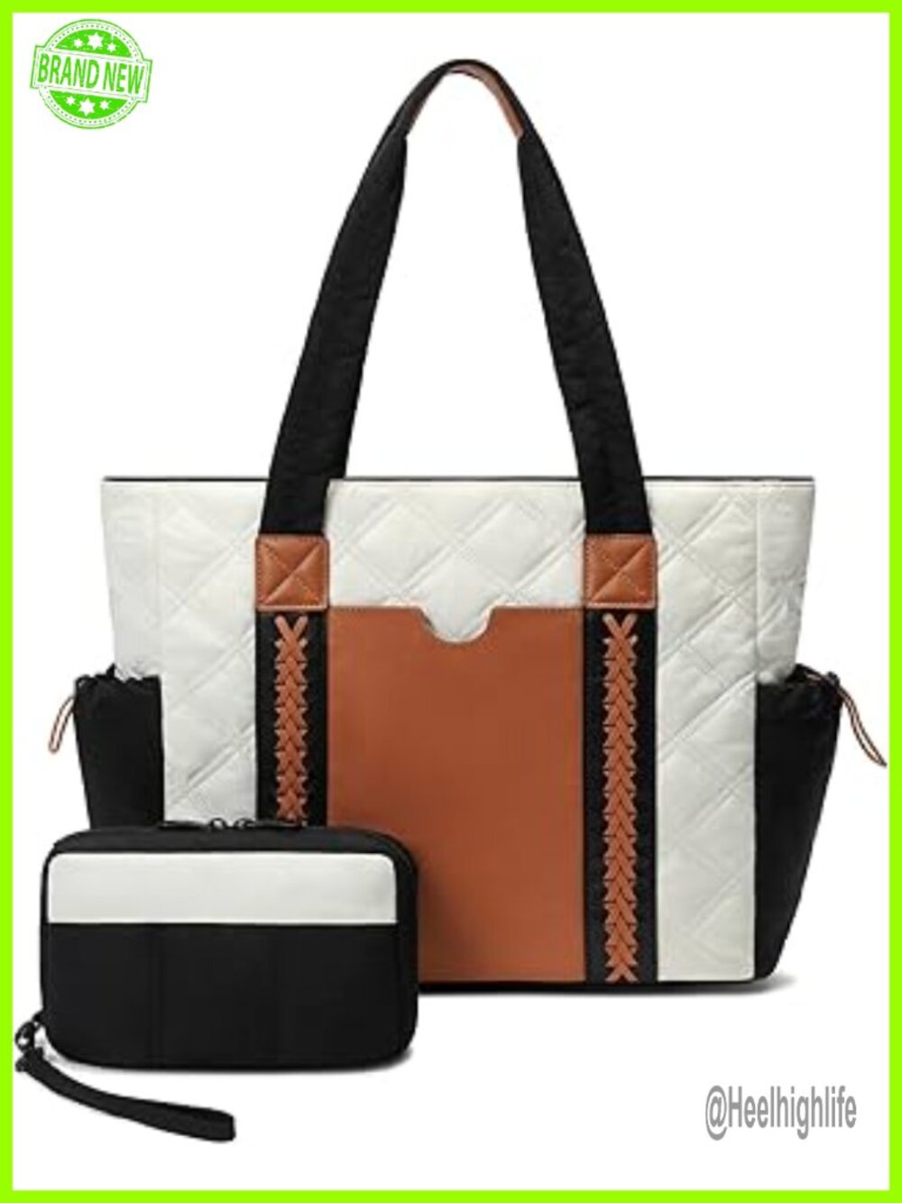 Large Quilted Puffer Tote Bag with Wristlet, 35L Capacity, Work Travel Nurse